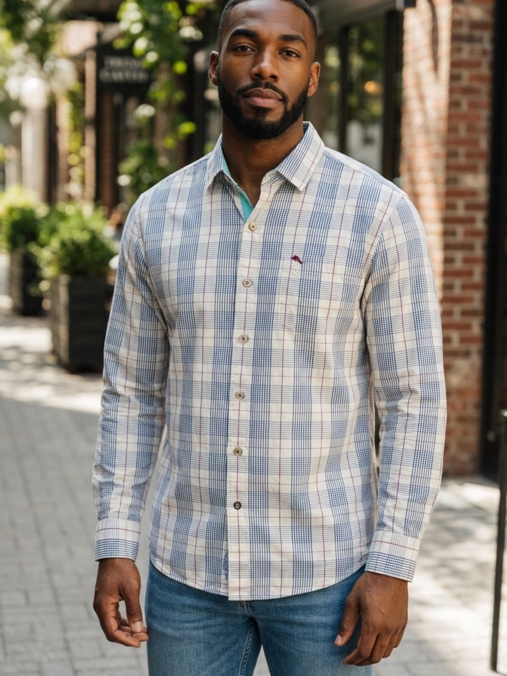 Tommy Bahama White and Blue Plaid Long-Sleeve Button-Down Shirt